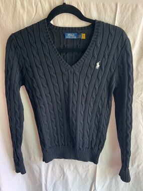 Polo by Ralph Lauren Black Cable-Knit V-Neck Sweater size small